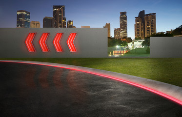 Wall Mural - asphalt road with arrow fluorescent light signs and city skyline background