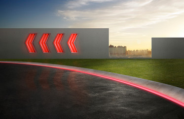 Wall Mural - asphalt road with arrow fluorescent light signs and city skyline background