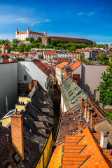Canvas Print - View on Bratislava castle and Bastova street with old houses from Michael's watch tower in Bratislava, Slovakia