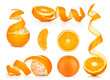 Collection of orange, slice and orange peeled skin isolated whit