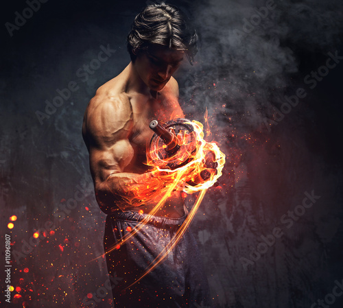 Shirtless bodybuilder doing exercises. Poster Mural XXL