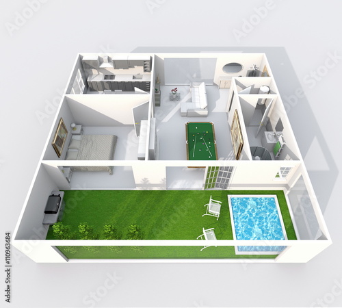 3d Interior Rendering Oblique View Of Furnished Roofless Home Apartment With Swimming Pool And Green Patio Room Bathroom Bedroom Kitchen Living Room Hall Entrance Door Window Buy This Stock Illustration And Explore,4 Bedroom 5 Bathroom House Plans
