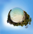 Little planet panorama on white sandy beach in paradise sea. Freedom beach on Phuket island. Thailand province