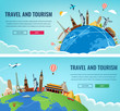 Travel composition with famous world landmarks. Travel and Tourism. Concept website template. Vector illustration.