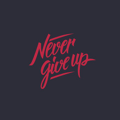 Never give up motivational quote. Hand written inscription. Hand drawn lettering. Never give up phrase. Vector illustration.