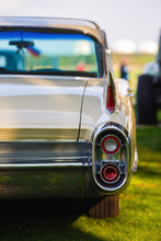Back View Of Classic Retro Car. Close-up Of Old Vintage Classic Car. Shallow Depth Of Field. Selective Focus.