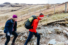 Young Couple Hiking, Honister Slate Mine, Keswick, Lake District, Cumbria, United Kingdom