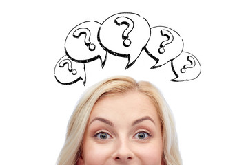 happy young woman head with question marks