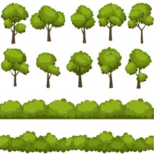 Set Of Funny Cartoon Trees And Green Bushes. Vector Illustration.