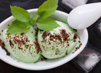 Wall Mural - Homemade organic mint ice cream with chocolate. A refreshing summer dessert. Selective focus
