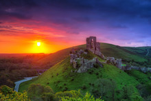 Ruins Of The Corfe Castle At Beautiful Sunrise In County Dorset, UK