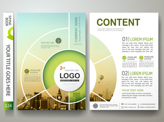 Brochure design template vector. Annual report flyers poster business magazine. Leaflet cover book presentation with flat city and green abstract circle background.Layout in A4 size.illustration.
