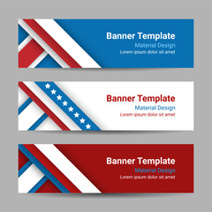 Wall Mural - Set of modern vector horizontal banners, page headers with stripes and stars in the colors of the American flag. Material design banners for Presidents day, USA Independence day