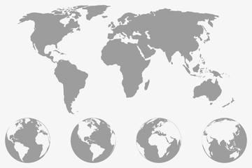 Poster - World map with four globe icons from different sides. Stylized geometric flat vector