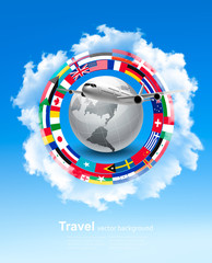 Wall Mural - Travel background. Globe with a plane and a circle of flags and