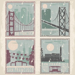 old style grunge vintage retro posters with San Francisco landma