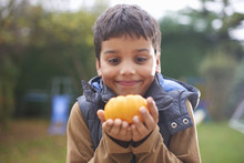 Boy With Pumpkin Posing In Garden