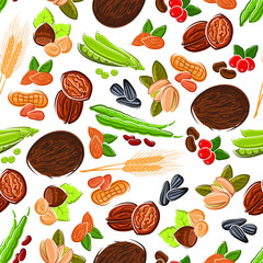 Wall Mural - Seamless cartoon nuts, beans, seeds, wheat pattern