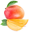 Mango fruit and mango slices. Isolated on a white background.