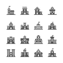 School Building Vector Icons Set. Urban School Architecture And Structure School Institution Illustration
