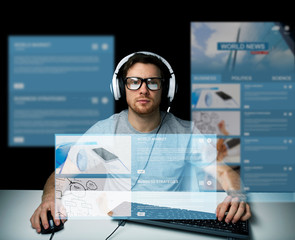 man in headset computer over virtual media screens