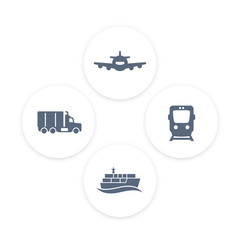 Sticker - transportation industry icons, cargo train vector, maritime transport, ship, cargo truck, transportation pictograms, round icons, vector illustration