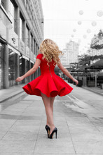 Woman In Red Dress Walking At BW Outdoor