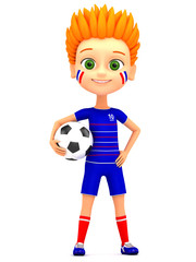 Boy soccer player with ball on white background. 3d render illus