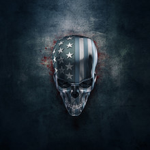 American Horror In Metal / 3D Illustration Of Grungy Metal Skull Formed From Pieces Of USA Flag