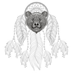 Wall Mural - Hand drawn zentangle Dreamcatcher with Bear head for adult color