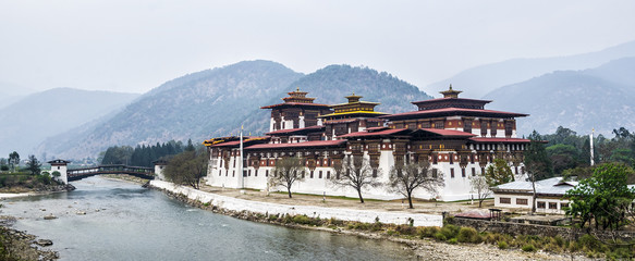 Punakha Dzong in Winter, Bhutan - Punakha Dzong or Pungthang Dewachen Phodrang (Palace of Great Happiness) in Punakha, the old capital of Bhutan.