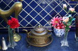Copper tea pot with decorations..