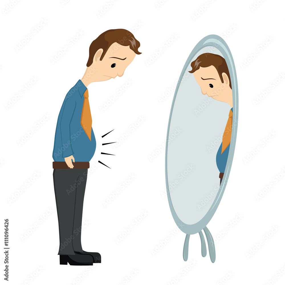 Sad Businessman Look At His Big Belly In Front Of Mirror Stock Vector |  Adobe Stock, image size:1000x1000