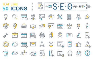 set vector flat line icons seo