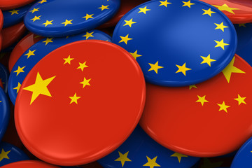 Wall Mural - Flag Badges of China and Europe in Pile - Concept image for Chinese and European Relations - 3D Illustration