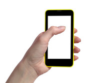 Touch Screen Yellow Black Mobile Phone In Hand