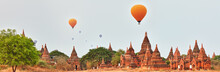 Balloons Over Temples In Bagan. Myanmar.
