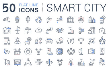 Wall Mural - set vector flat line icons smart city