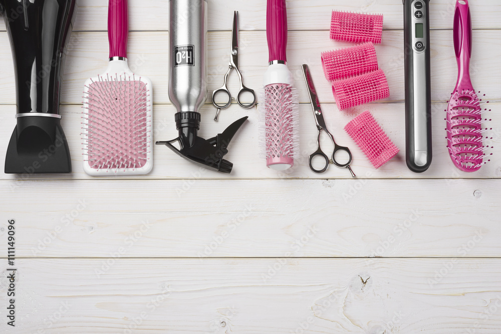 Fotografie Obraz Professional Hairdresser Tools On Wooden Planks