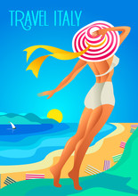 Beautiful Woman In A Wide-brimmed Hat On A Tropical Beach. The Lake Shore, The Mountains. Holiday On The French Riviera, Liguria. Poster In The Art Deco 