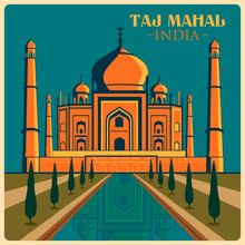 Vintage Poster Of Taj Mahal In Uttar Pradesh Famous Monument Of India