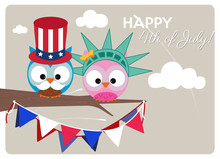 Independence Day Greeting Card, Owls Wearing Patriotic Clothing During Independence Day