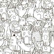Doodle Cats Seamless Pattern. Black And White Cute Cats Background