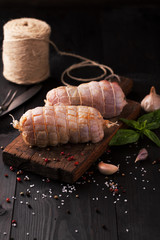 Canvas Print - Raw Chicken roll with salt,basil and garlic