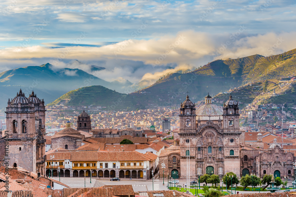 Morning sun rising at Plaza de armas, Cusco, City - obrazy, fototapety, plakaty 