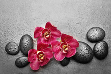 Spa Stones And Red Orchid On Grey Background