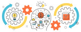 Fototapeta  - Flat line illustration of born business project startup thought process mechanism  into man brain and head from idea to success for website banner and landing page, infographics, logo and icon