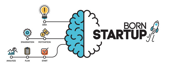 Wall Mural - flat line illustration of born business project startup process infographic for website banner and l