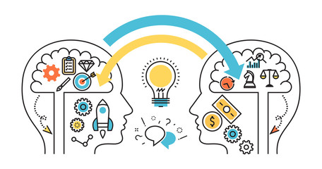 Wall Mural - flat line design website banner of exchanging ideas, dialog and dispute, experiences, knowledge, bor