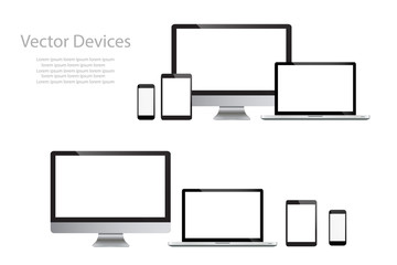 Wall Mural - Set of realistic computer monitors, laptops, tablets and mobile phones. Electronic gadgets, isolated, on white background